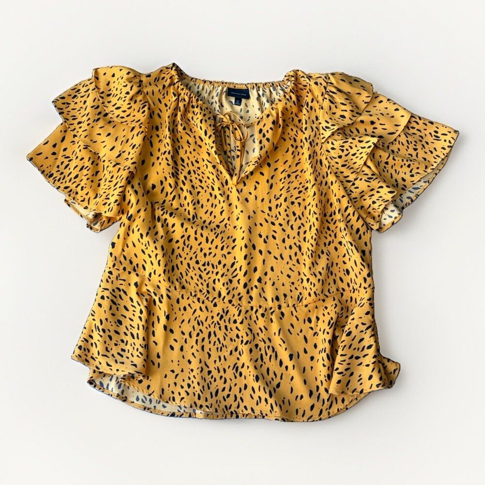 WHO WHAT WEAR Blouse Womens Medium M Yellow Black Spot Cheetah Print Top Flounce